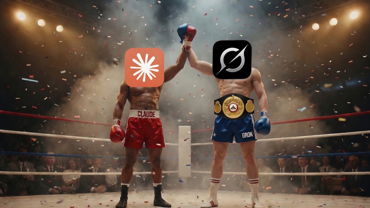 Rocky-versus-Apollo style boxing victory: official Claude and Grok app icons as heads, centered on the necks; Grok wears a championship boxing belt as the winner while Claude raises his arm.