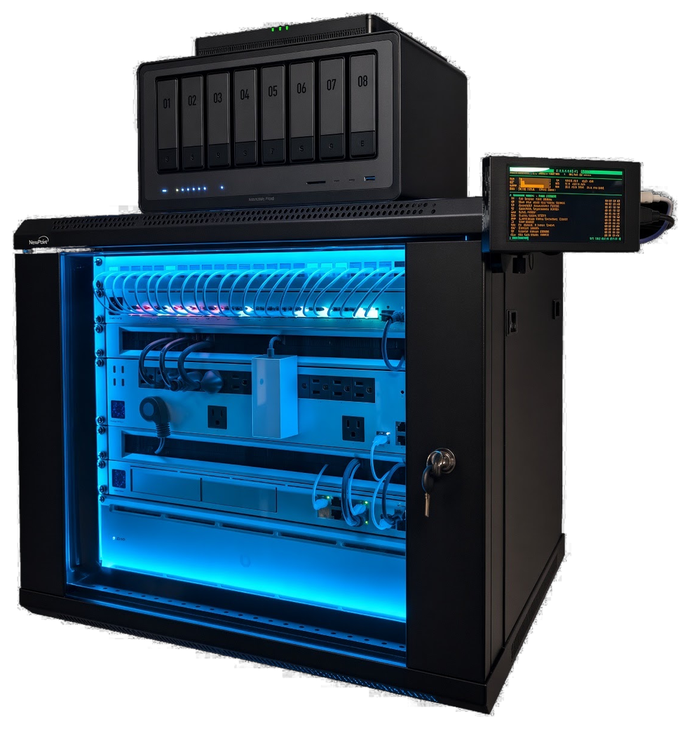 The home server rack this second brain runs on: a glass-front wall-mount enclosure lit blue inside, holding a patch panel, network switch, power distribution and a rack UPS, with an eight-bay NAS sitting on top and a small amber status terminal mounted to the side.
